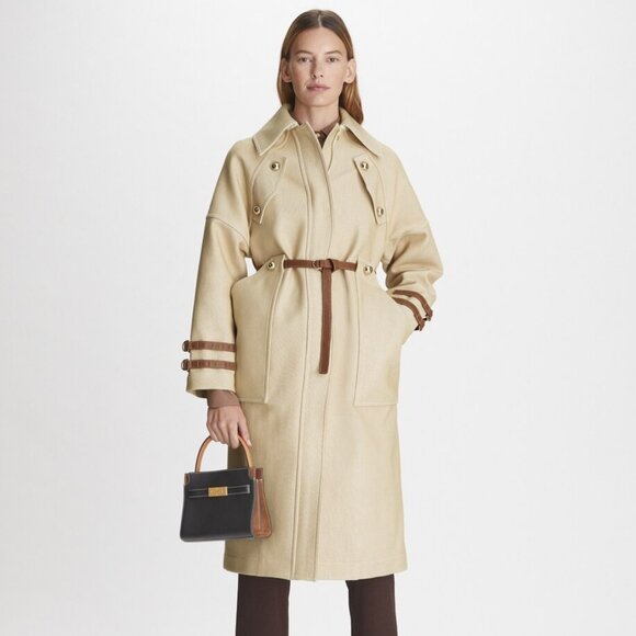 NWT Tory Burch Oversized Trench Coat in Structured Cotton with Leather Trim - Picture 6 of 12